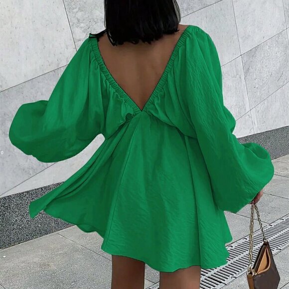 Green Sexy Women's V-Neck Solid Color Pleated Design Dress - Picture 2 of 3